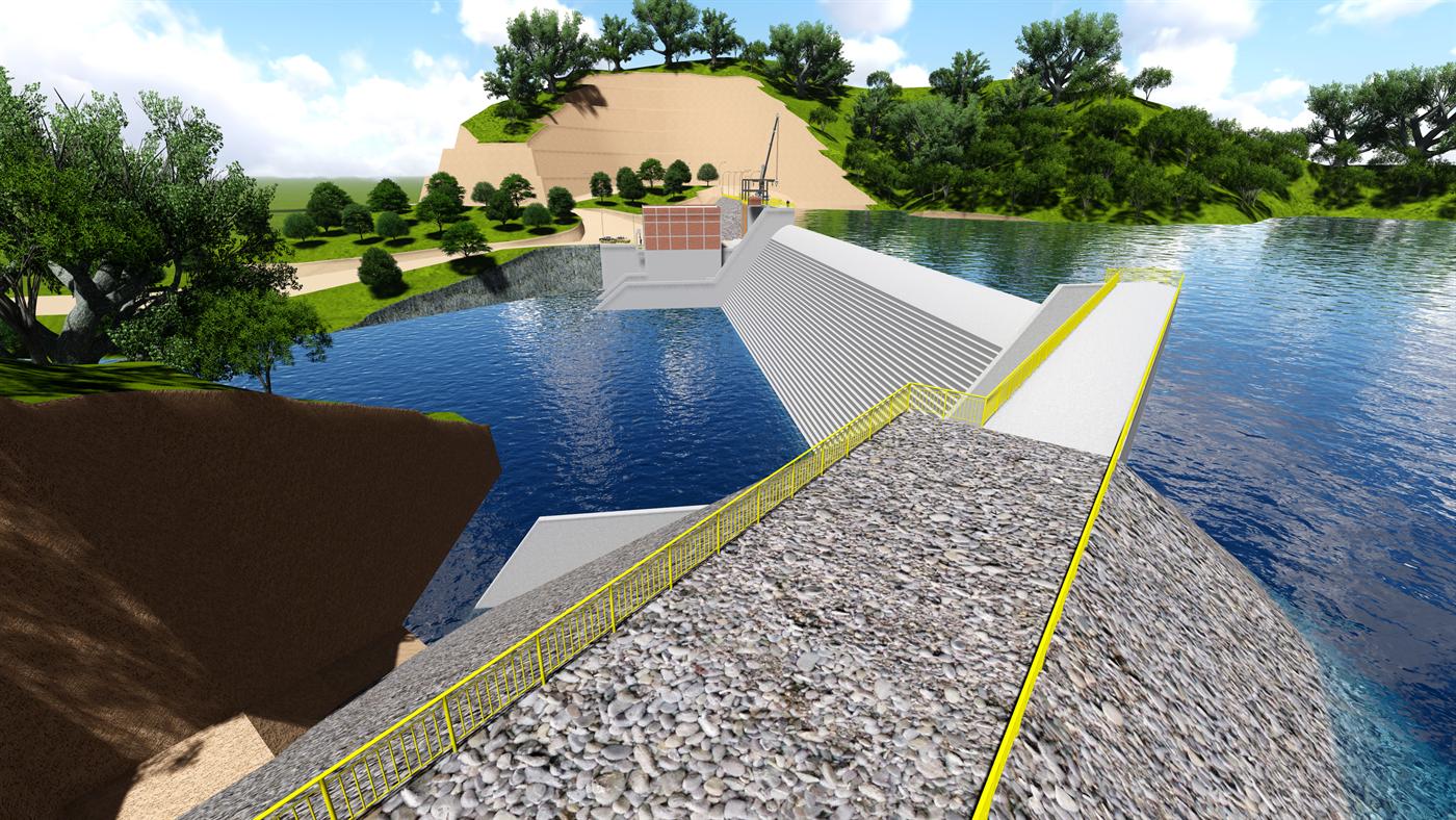 Maquete eletrônica da barragem da PCH 2B, com o reservatório e a casa de força
